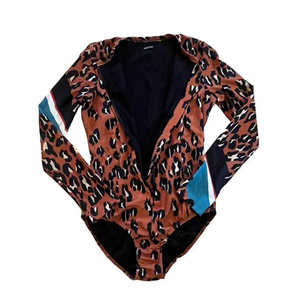Rachel Comey Long Sleeve Leopard Print Stripe Accent Front Zip One Piece Swim - Picture 4 of 12